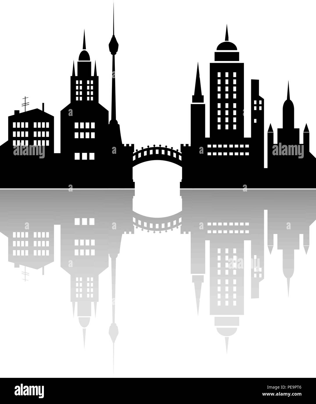 Silhouette einer Stadt mit Reflexion. Vector Illustration. Stock Vektor