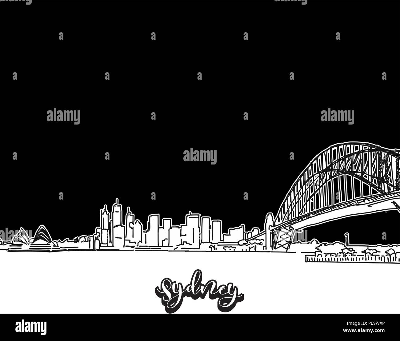 Vektor Zeichnung von Sydney Skyline, skizzieren. Australien reisen Sehenswürdigkeit. Schwarze und weiße Abdeckung und Hintergrund Konzept. Stock Vektor