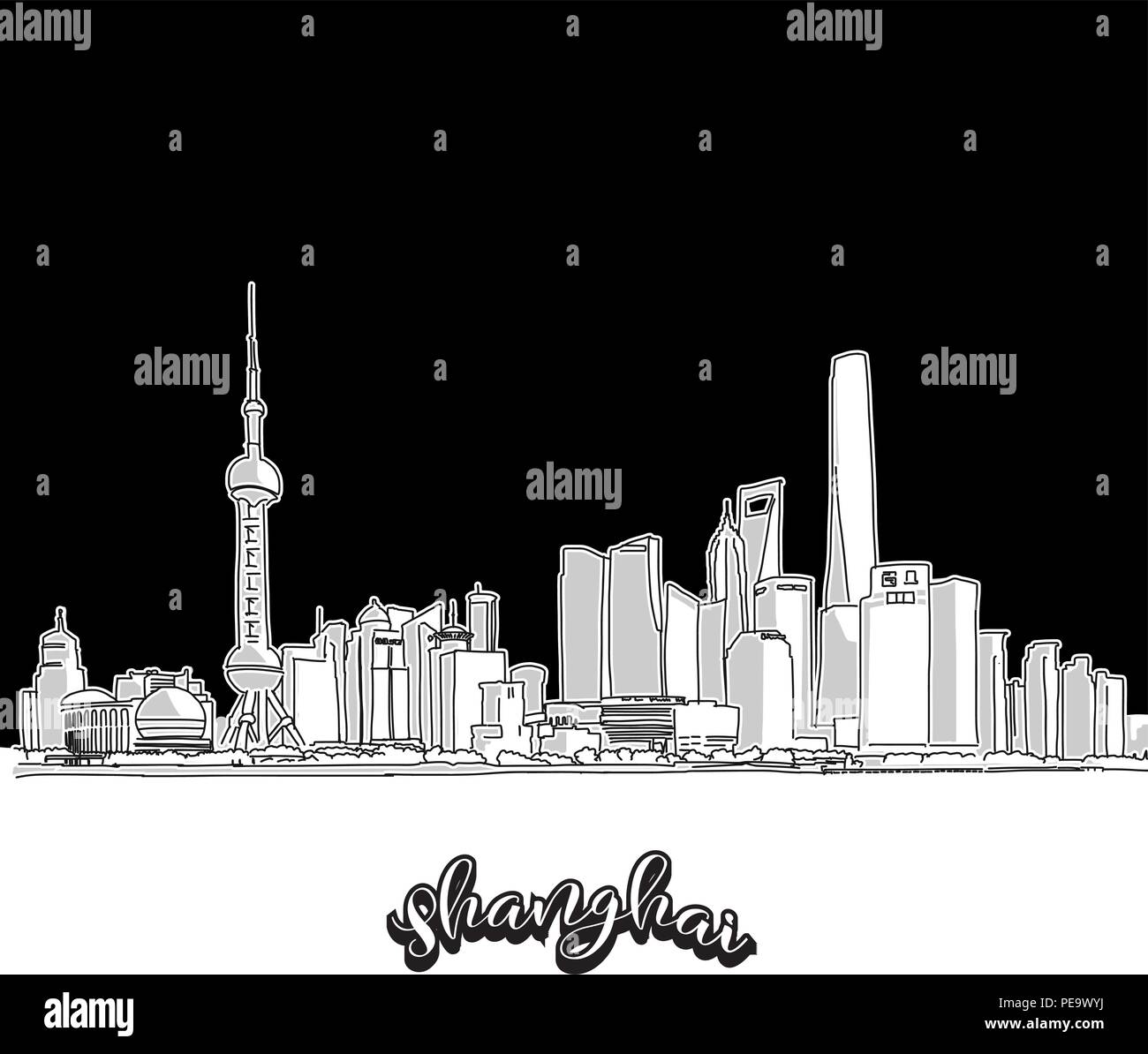 Vektor-zeichnung Skyline von Shanghai, skizzieren. China reisen Sehenswürdigkeit. Schwarze und weiße Abbildung Cover und Hintergrund Konzept. Stock Vektor