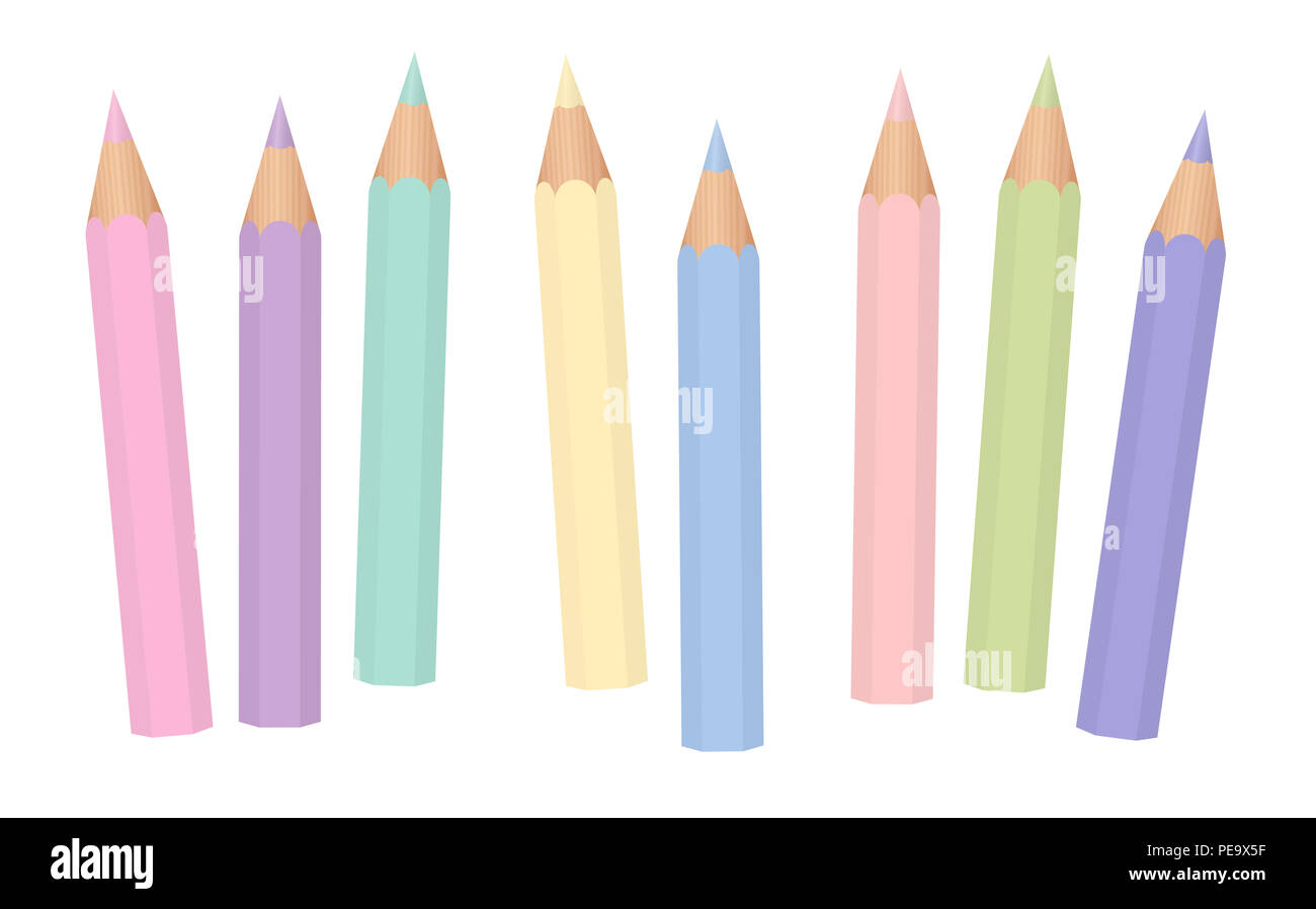 Pastellfarben. Weiche farbige baby Zeichenstifte. Kurze Stifte lose angeordnete - Abbildung auf weißem Hintergrund. Stockfoto