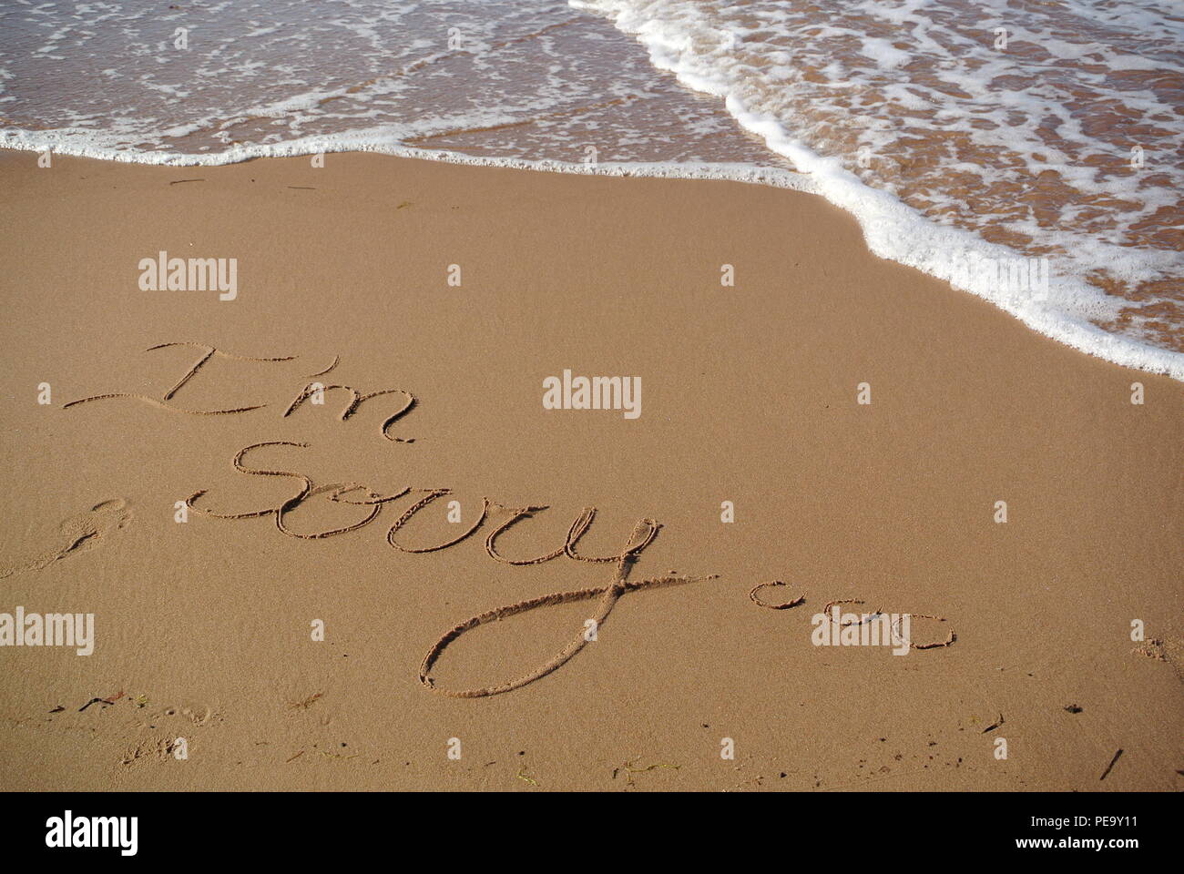 Eine schöne Entschuldigung Nachricht 'Es tut mir Leid' handschriftlich in einer kursiven Stil auf dem roten Sand auf einem Strand mit einer Welle, die in die oberen Teil, PEI, Kanada Stockfoto