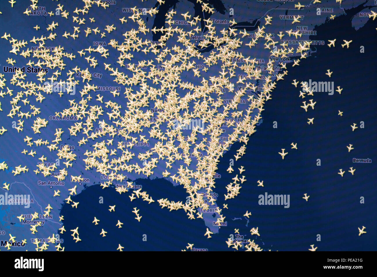 Commercial flight tracking Karte von USA Stockfoto