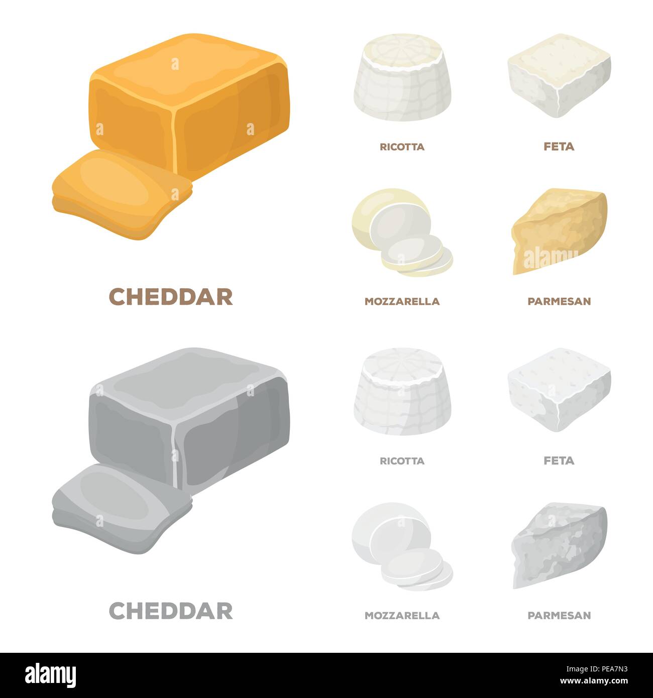 Mozzarella, Feta, Cheddar, Ricotta. Verschiedene Sorten Käse set Sammlung Icons im Cartoon, Schwarzweiß-Stil vektor Symbol lieferbar Abbildung. Stock Vektor
