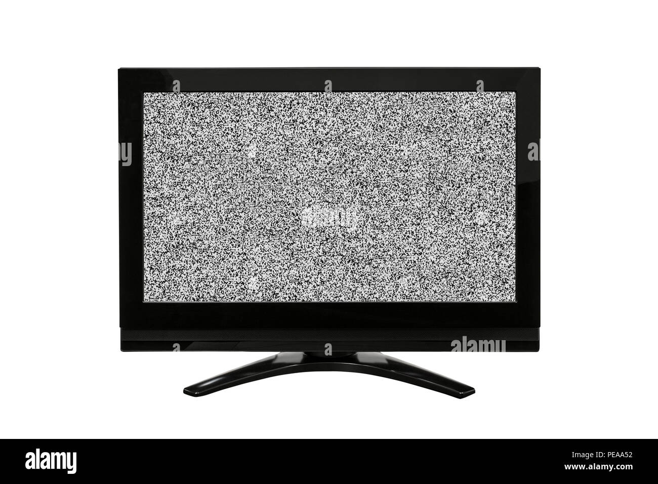 Modernes Fernsehen auf Weiß mit statischem Schirm isoliert. Stockfoto