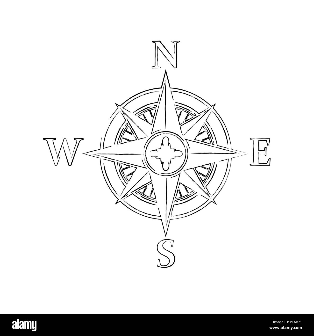 Schwarz grunge Umrisse Windrose Silhouette auf weißem Hintergrund Stock Vektor
