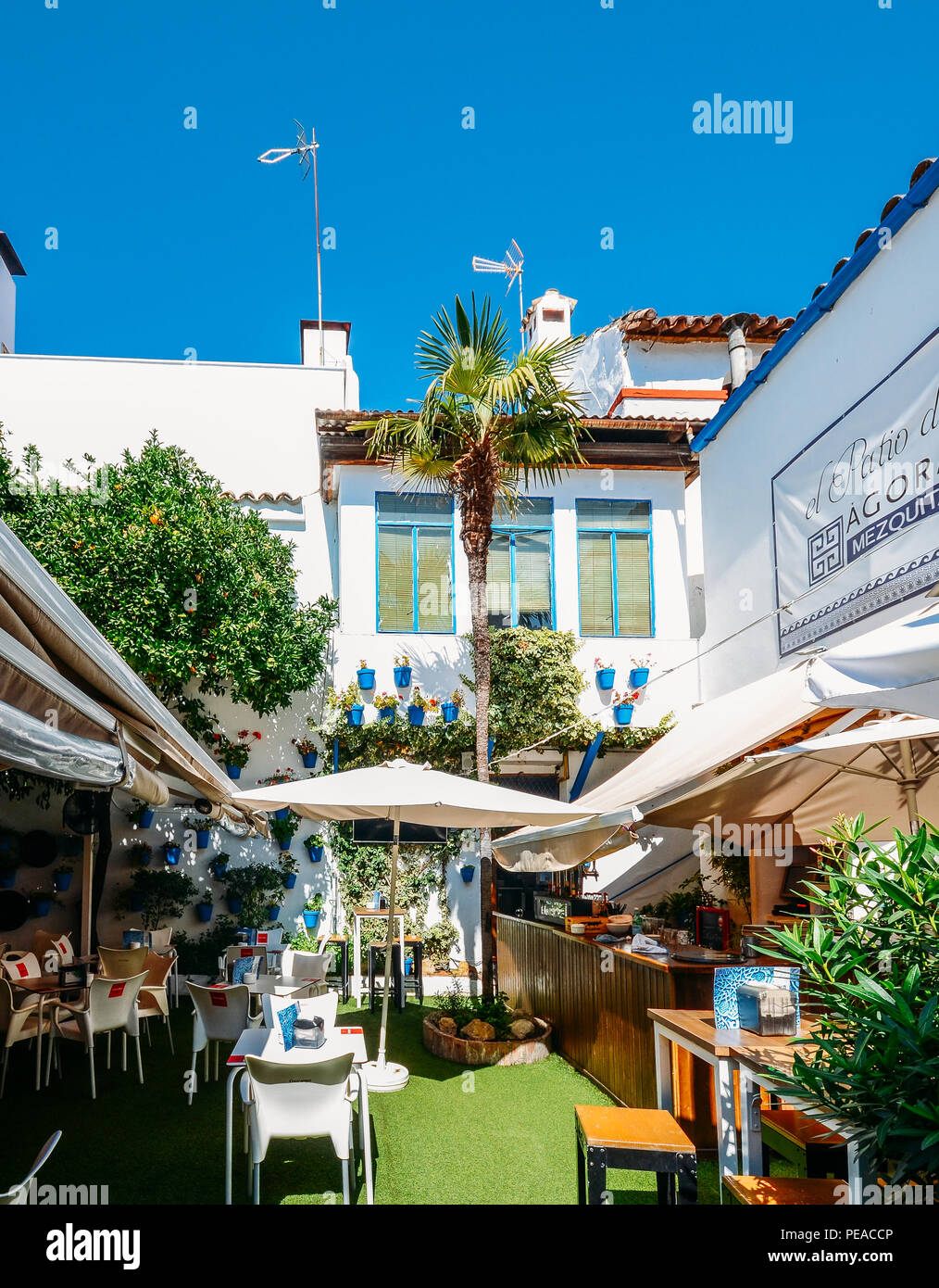 Cordoba, Spanien - 13. Juli 2018: Blaue Blumentöpfe und Blumen in einem Courtyard Restaurant im historischen Zentrum von Cordoba Stockfoto