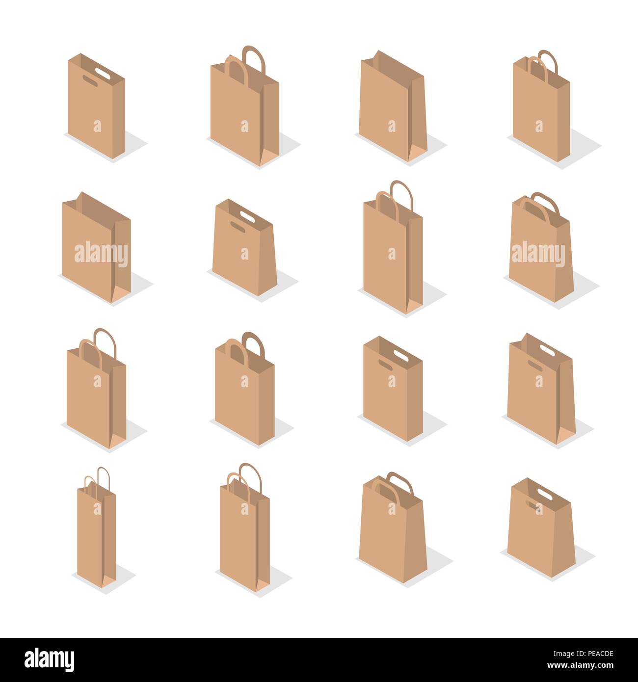 Satz von verschiedenen Papiertüten auf weißem Hintergrund. Element der Package Design. Flache isometrische 3D-Stil, Vector Illustration. Stock Vektor