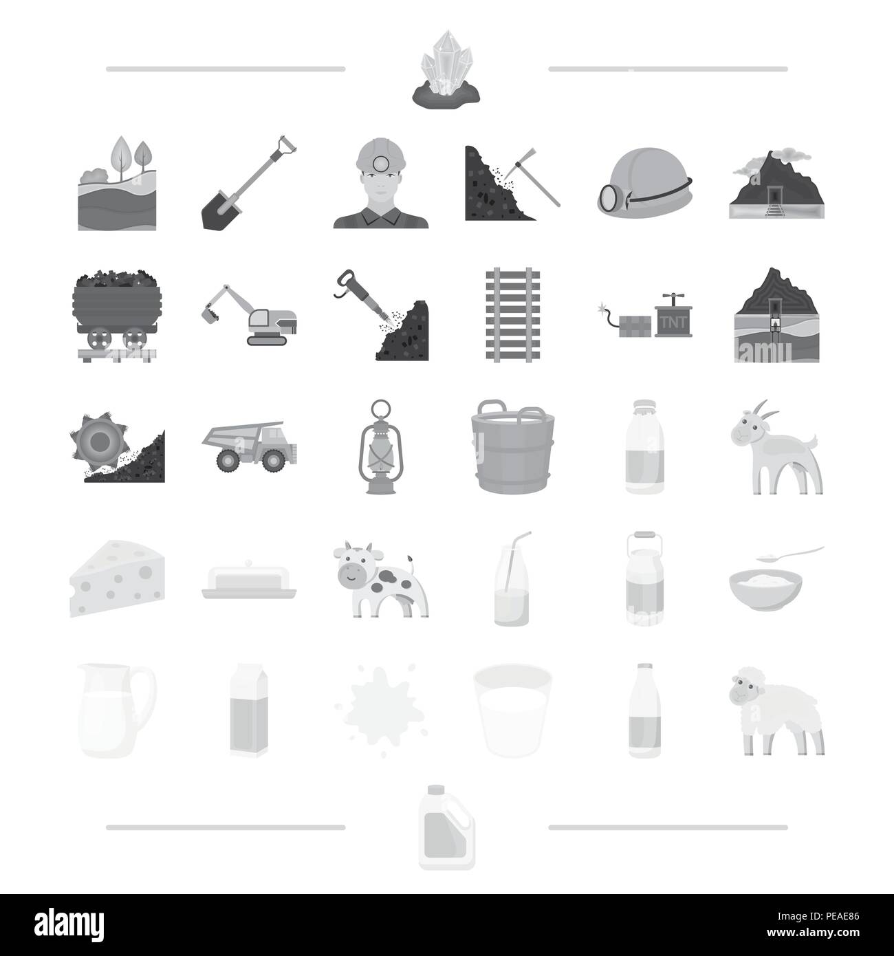 Tier, Tiere, schwarz, Flasche, Schüssel, Schaufel, Business, Butter, Kanister, Auto, Käse, Kohle, Sammlung, Beton, Kuh, Dekanter, Bohrer, Baumaschinen, Bagger, explosive, Ziege, Hammer, Helm, Symbol, Industrie, Laterne, Schichten, Beleuchtung, Logo, Mann, Milch, Milcherzeugnisse, Mine, Verpackung, Pfad, Platte, Haferbrei, Grundierung, Straße, Set, Schafe, Löffel, Beize, Tropfsteinhöhlen, Stein, Tunnel, Vector, Wagen, Web, zil Vektor Vektoren, Stock Vektor