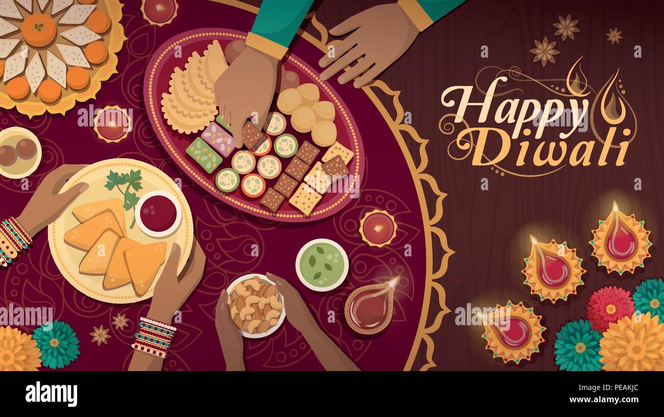 Familie Diwali feiern zu Hause mit Lampen und traditionelles Essen, Ansicht von oben Stock Vektor