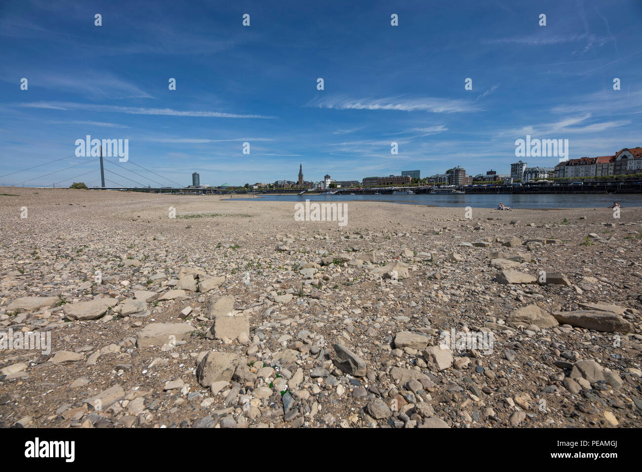 Den Rhein in der Nähe von Düsseldorf, extreme Ebbe, Rheinebene bei 84 cm, nach der langen Trockenheit der linken Rheinseite, trocken bei Düsseldorf Ob fällt Stockfoto