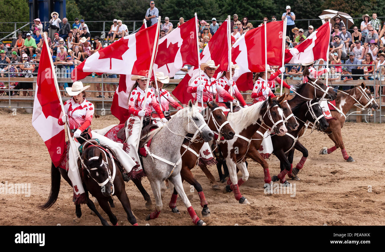 Die kanadische Cowgirls Präzision equestrian Show Team am 2018 Ram Rodeo Tour in Exeter, Ontario, Kanada durchführen. Stockfoto