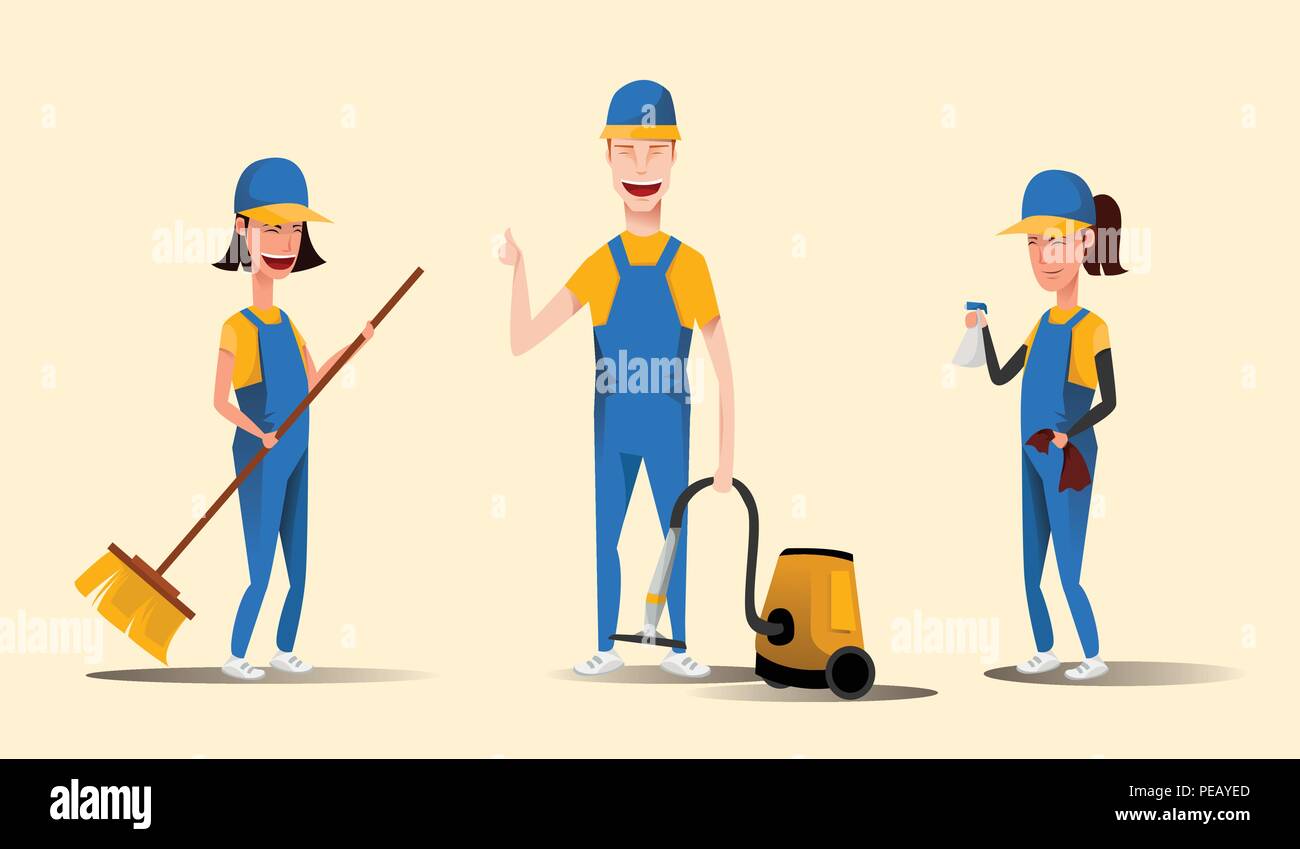 Reinigung Personal lächelnd Comicfiguren auf gelbem Hintergrund. Männer und Frauen in Uniform Vector Illustration in einem flachen Stil Stock Vektor