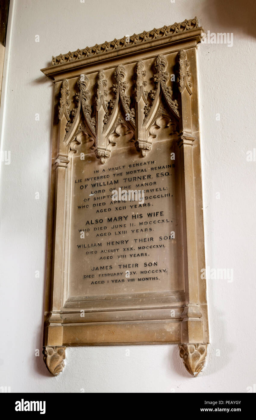 William Turner Memorial, Heilig-Kreuz-Kirche, Shipton-on-cherwell, Oxfordshire, England, Großbritannien Stockfoto