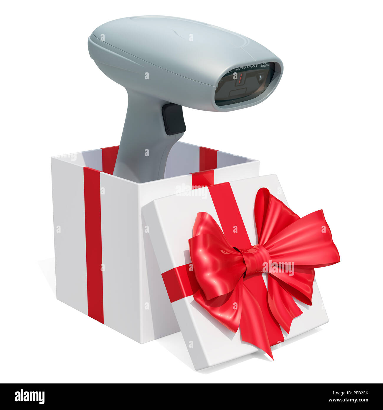 Geschenk Konzept, Bar Code Reader im Geschenkkarton. 3D-Rendering auf weißem Hintergrund Stockfoto