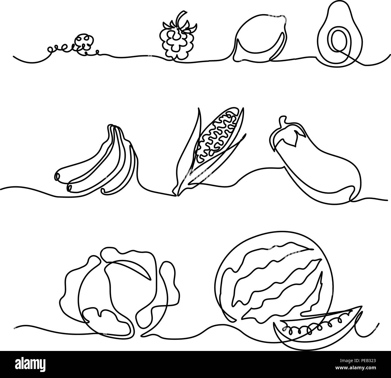 Kontinuierliche eine Linie zeichnen. Gemüse differebt Größe. Vector Illustration Stock Vektor
