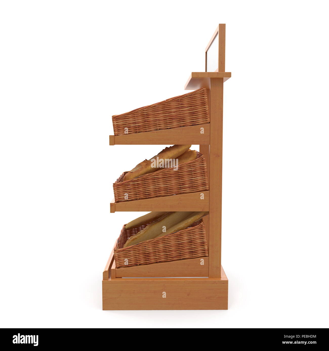 Rattan Bäckerei Lattenrost Regal Befestigung auf Weiß. 3D-Darstellung Stockfoto