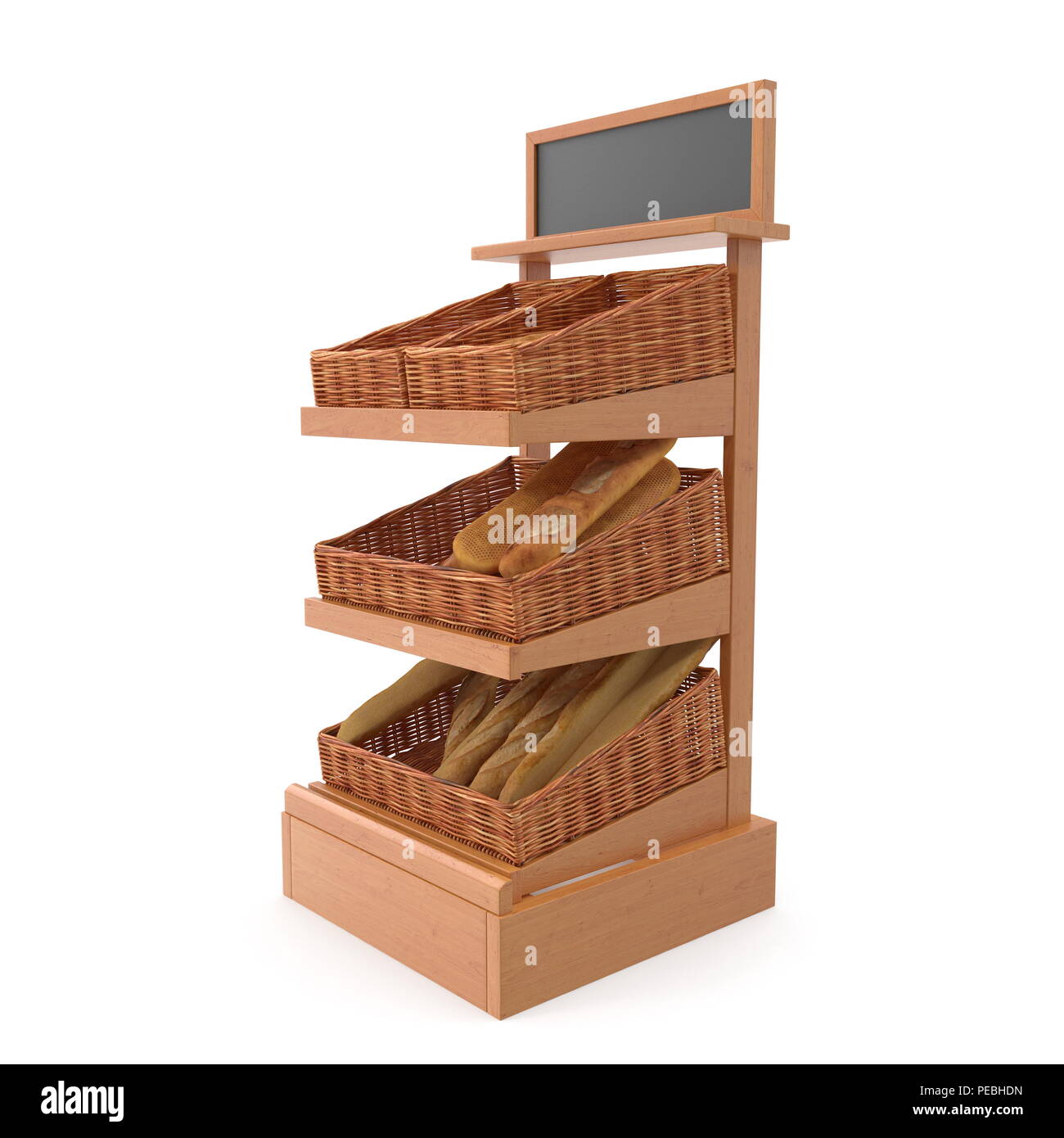 Rattan Bäckerei Lattenrost Regal Befestigung auf Weiß. 3D-Darstellung Stockfoto