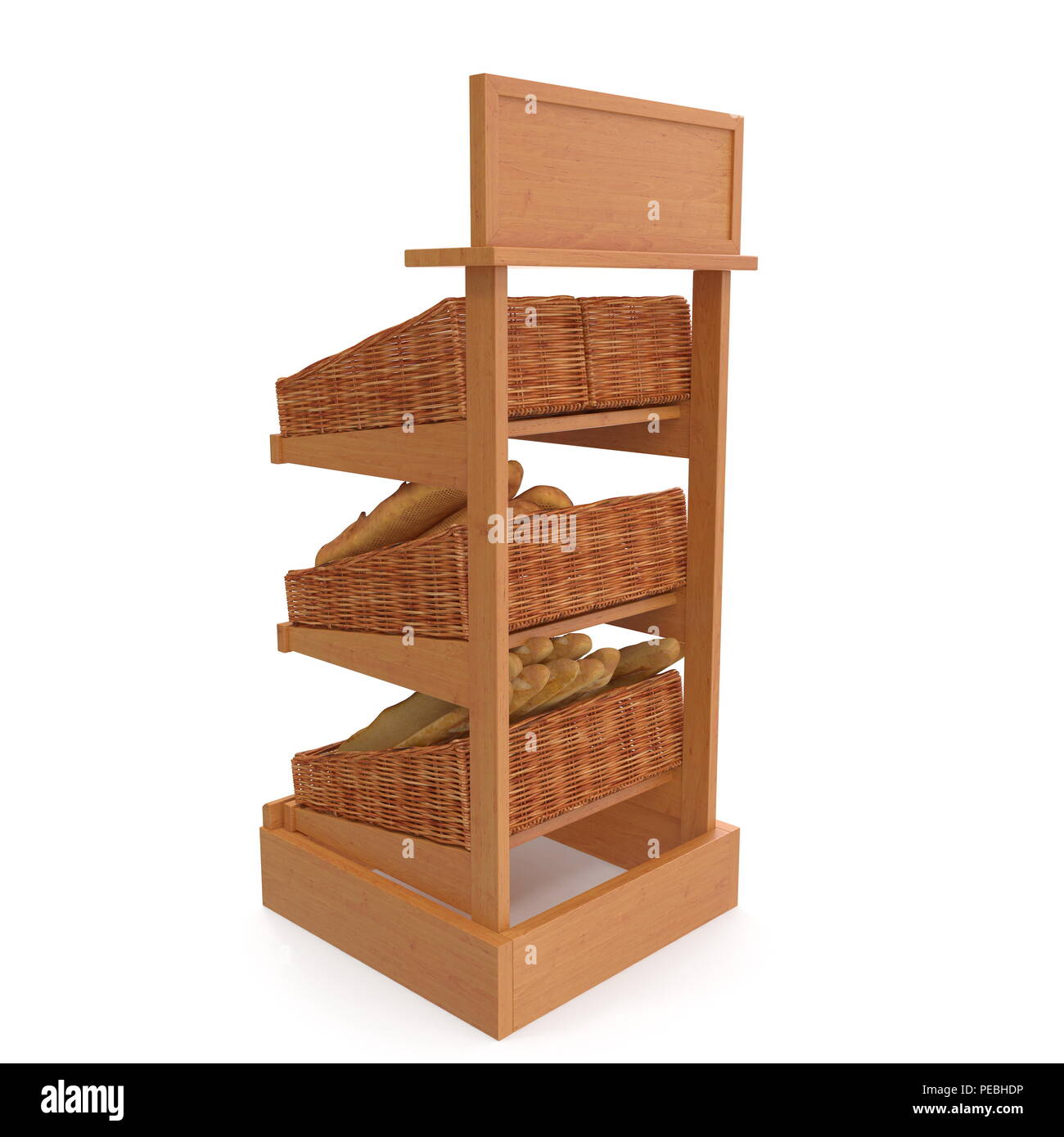 Rattan Bäckerei Lattenrost Regal Befestigung auf Weiß. 3D-Darstellung Stockfoto