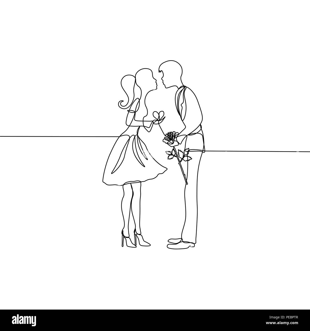 Vektor Zeichnung der fortlaufenden Linien, ein Liebespaar. Gibt eine Blume und ein Herz Stock Vektor