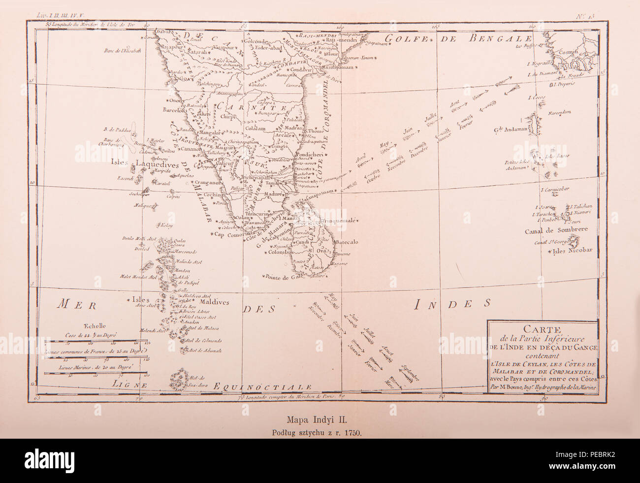 Vintage Karte von Indien gedruckt in 1750. Alte Karte von Indien, 1750. Stockfoto