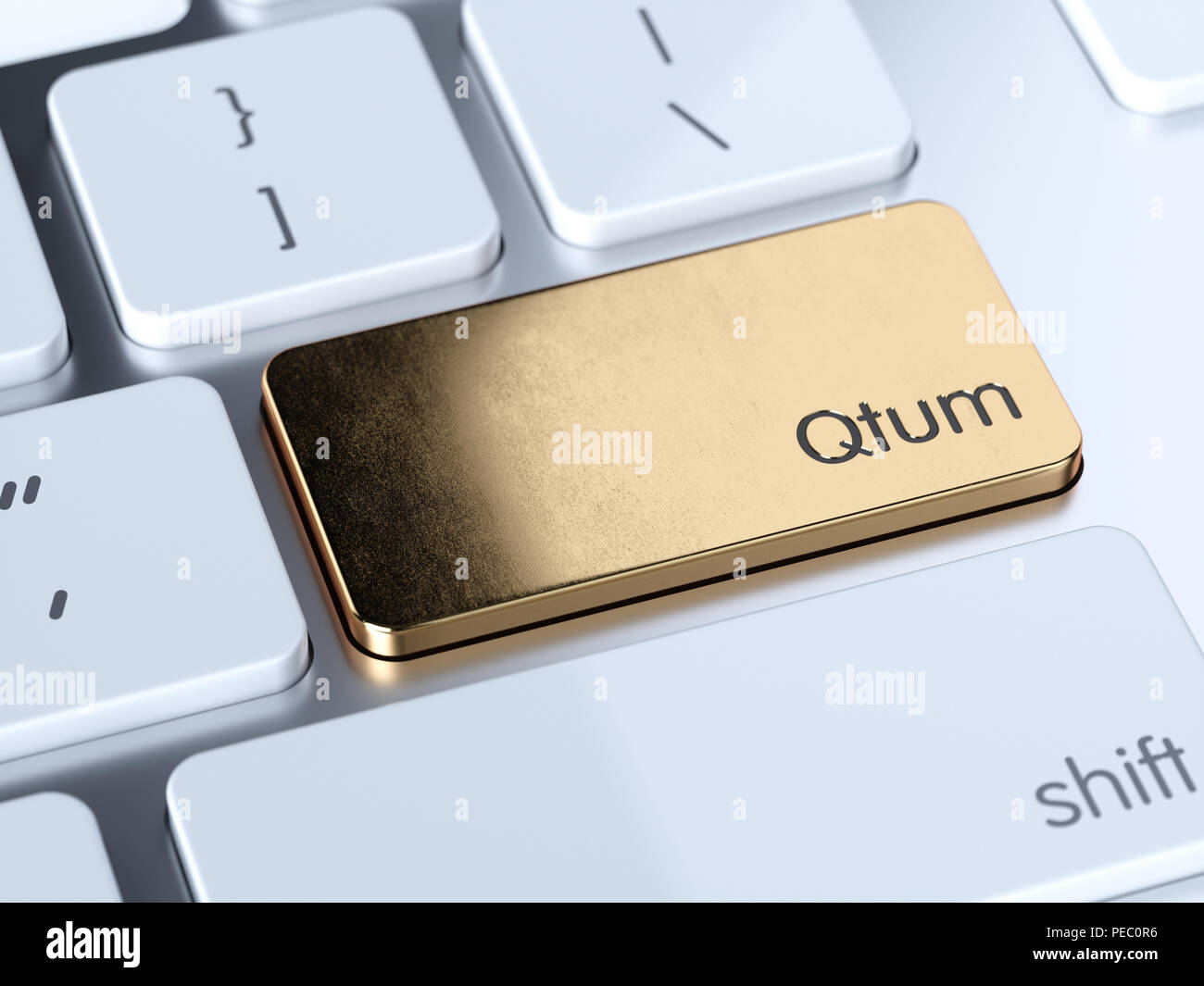 Golden Qtum computer Tastatur Taste drücken. 3D Rendering illustration Stockfoto