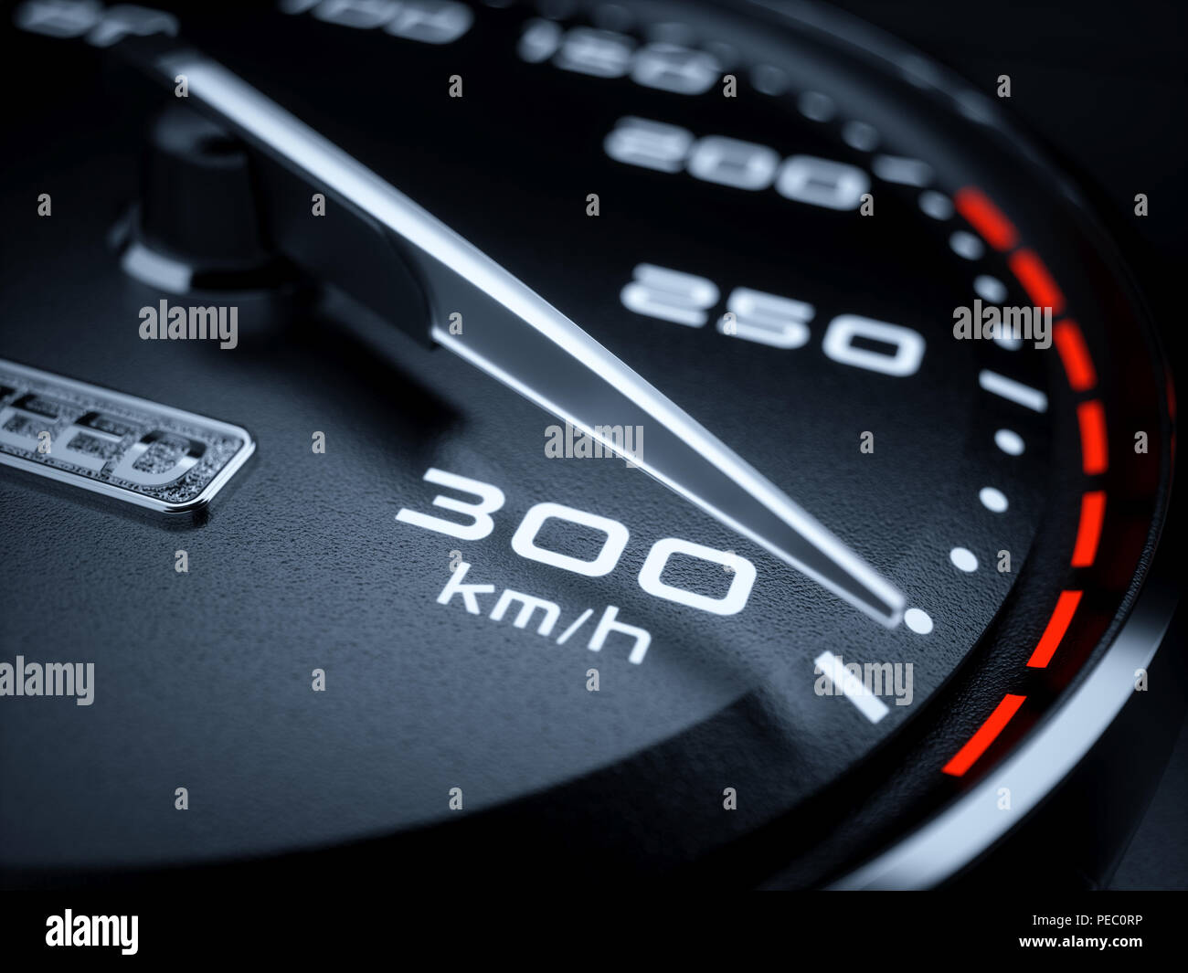 Auto Tacho 3D Rendering Illustration. High speed Konzept. 300 km/h Stockfoto