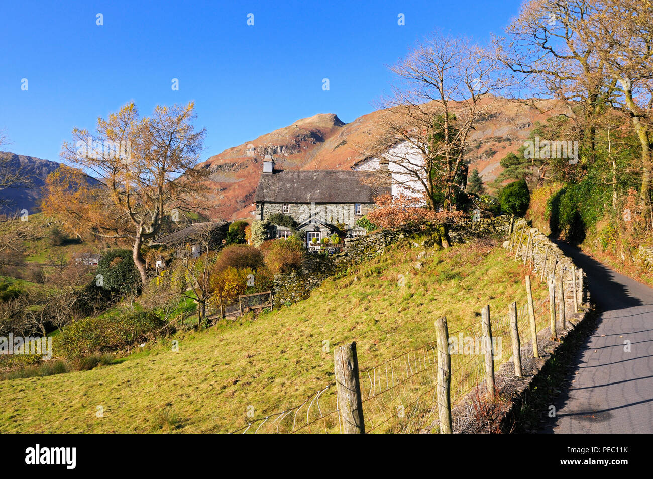 Eine charmante, traditionelle Ferienhaus aus Stein in der langdale Valley, Lake District National Park, England, Großbritannien Stockfoto