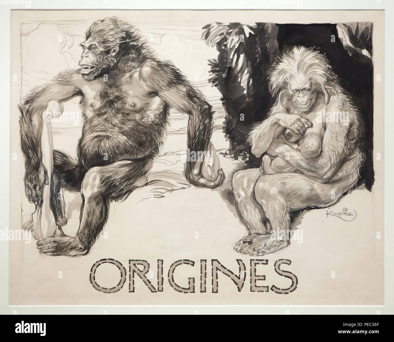 Familie von prähistorischen Menschen in der Zeichnung dargestellt mit dem Titel "Origins" durch Tschechische symbolistische Maler František Kupka (1905) für die Enzyklopädie L'Homme et la Terre (BIN ein und die Erde') veröffentlicht durch französische Geograph Élisée Reclus auf Anzeige an seine retrospektive Ausstellung im Grand Palais in Paris, Frankreich. Die Ausstellung läuft bis 30. Juli 2018. Stockfoto