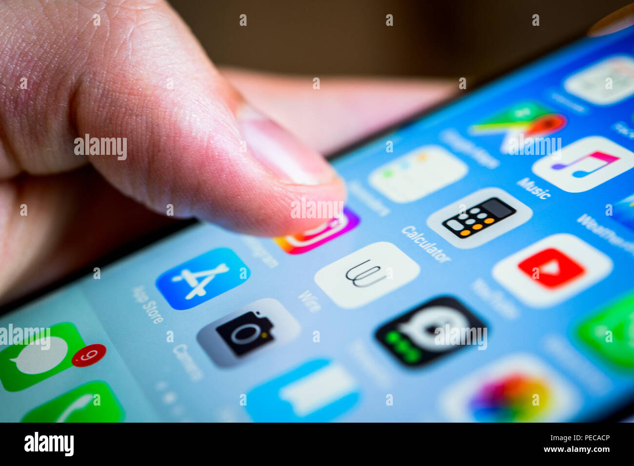 Finger berühren, Display, Touchscreen des iPhone, Smartphone, Homescreen, viele App Icons auf dem Display, Apps, iOS, Detail Stockfoto