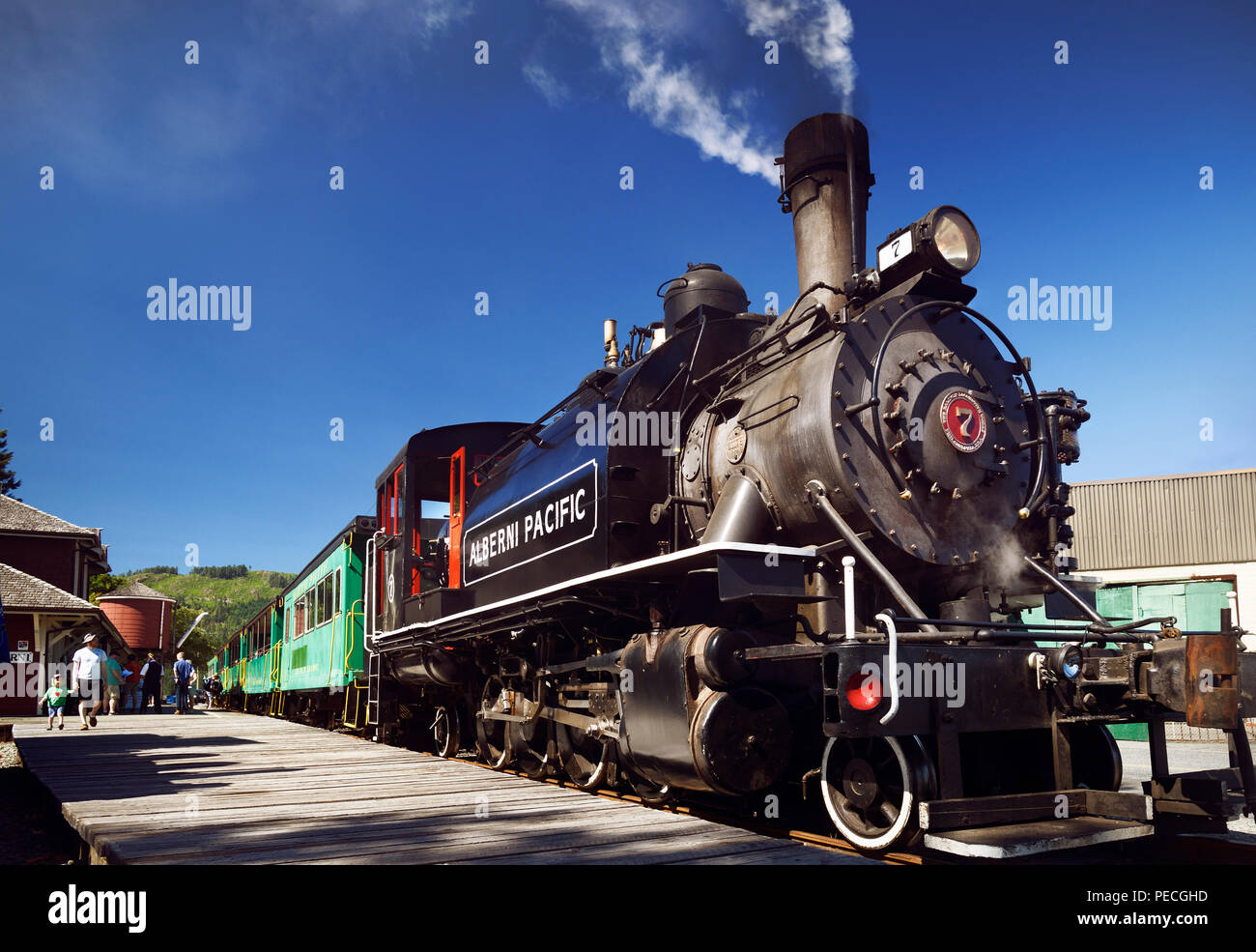 Alberni Pacific Railway historische Dampfmaschine in Port Alberni Bahnhof, Alberni Valley, Vancouver Island, British Columbia, Kanada 2018 Stockfoto
