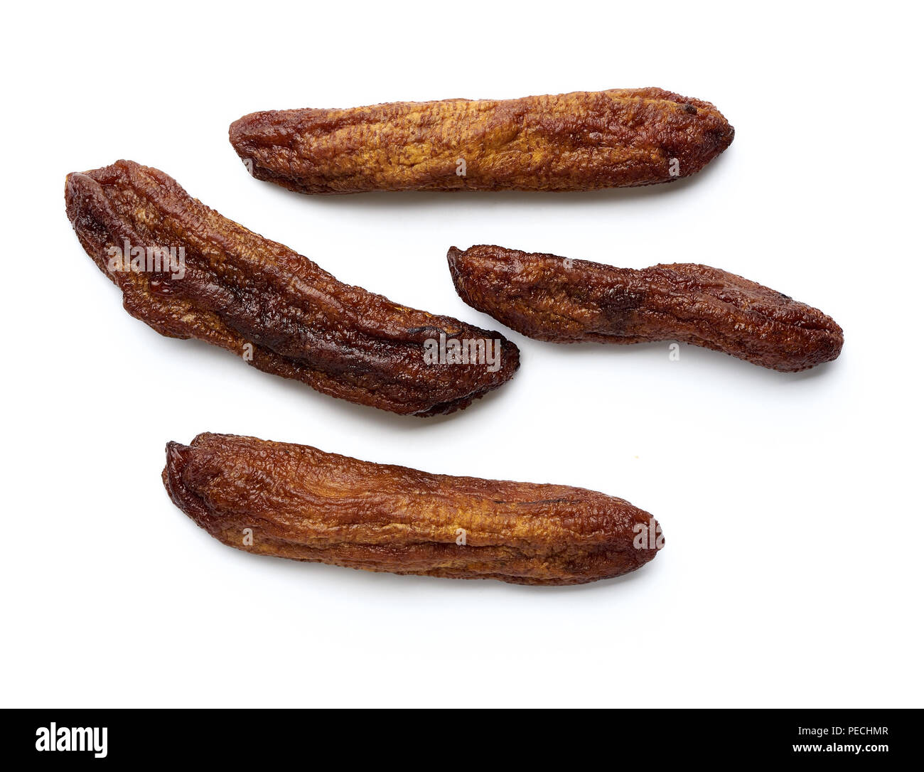 Trocken ganze Banane auf weißem Hintergrund. Ansicht von oben. Stockfoto