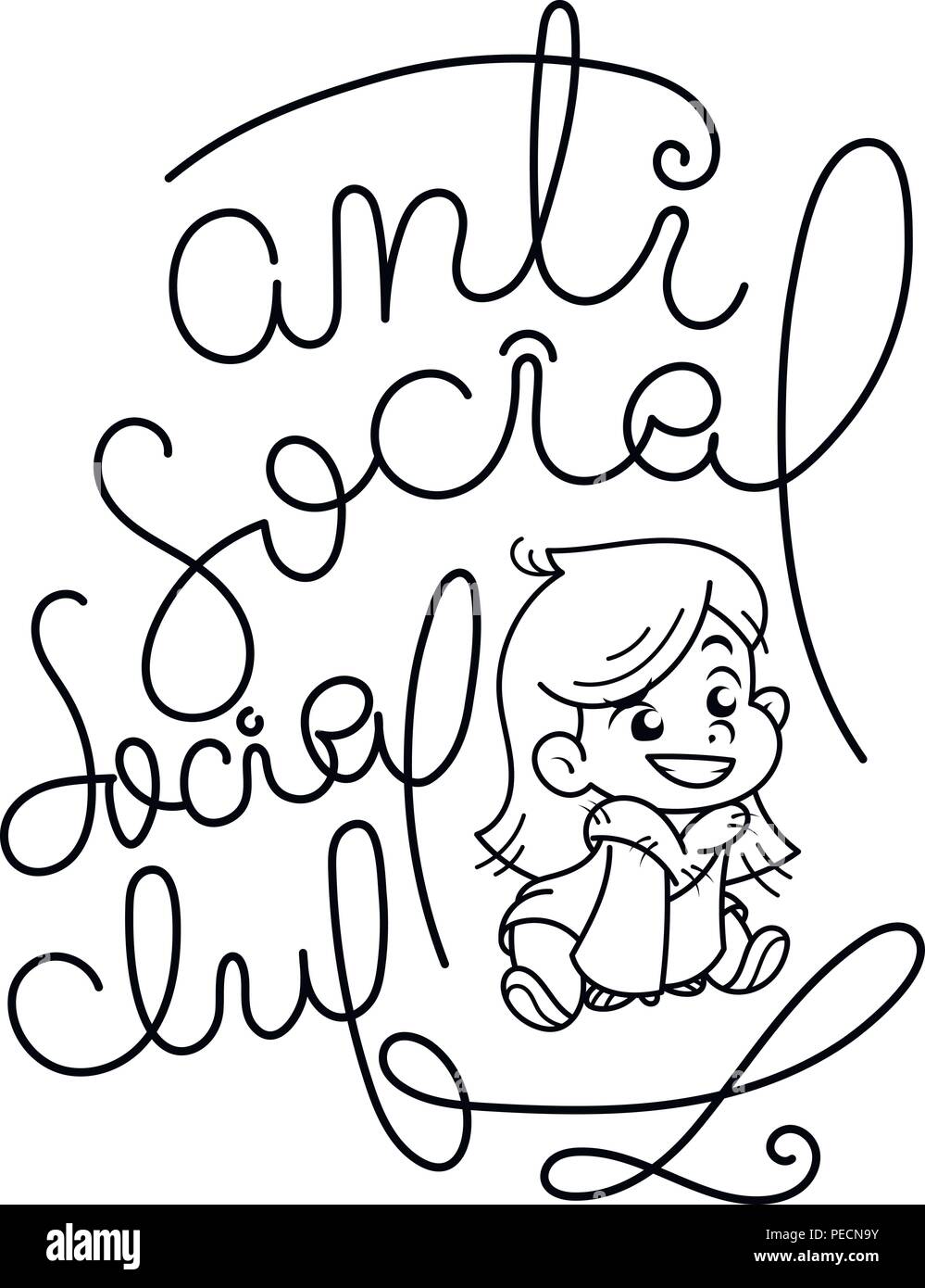 Antisoziale Social Club. Süßeste lächeln Kind in einem Pelzmantel. Abbildung auf weißem Hintergrund. Design Element für Drucken, t-shirt, Poster, Karte Stock Vektor