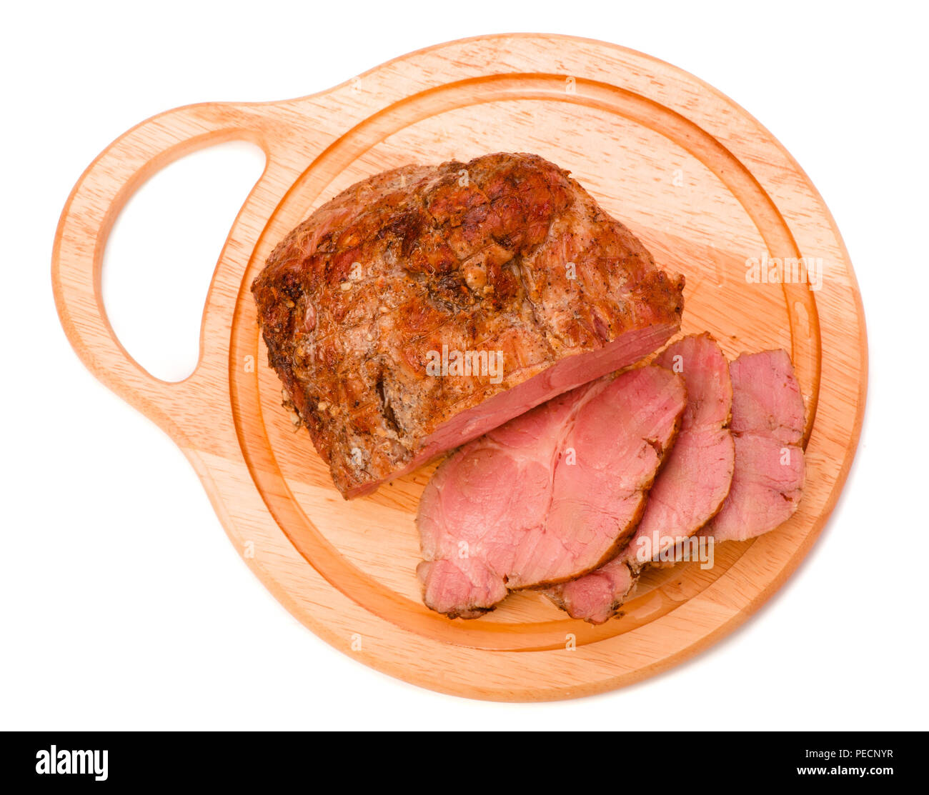 Schweinefleisch. Schinken auf Holzbrett isoliert weißer Hintergrund. Ansicht von oben. Stockfoto