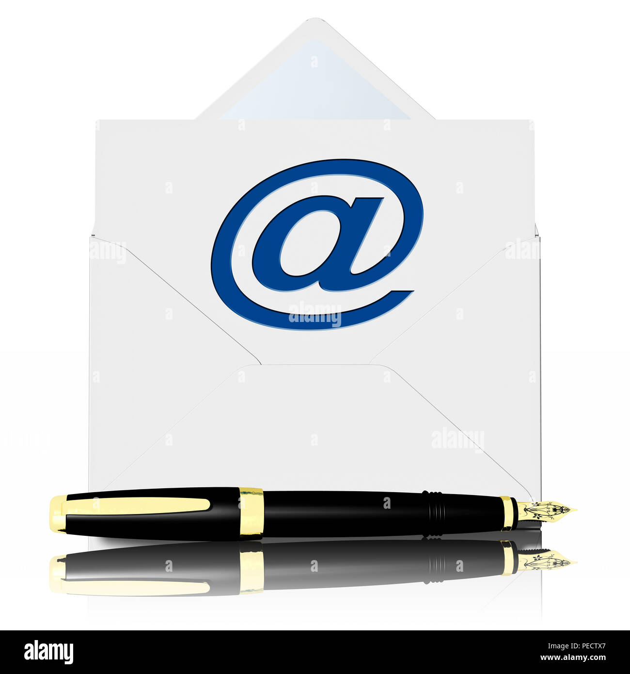 3D-Darstellung. Umschlag mit Buchstaben symbolisiert e-mail mit Brunnen im Vordergrund. Stockfoto