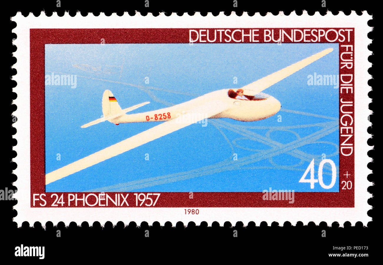 Deutsche Briefmarke (1980) Fell sterben Jugend (Stempel der Beihilfe Jugendnächstenliebe erhältlich): Akaflieg Stuttgart FS-24 Phoenix, 1957 Stockfoto