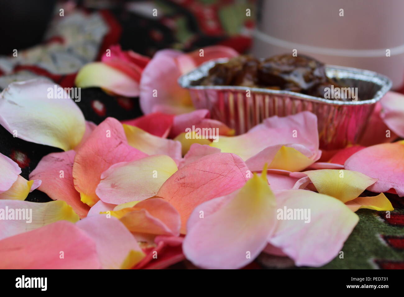 Arabischer Kaffee mit Datumsangaben in Blume Abdeckung Stockfoto