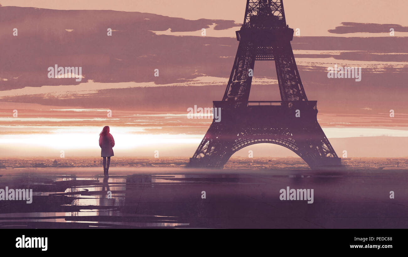 Allein in Paris, Frau am Eiffelturm, die am frühen Morgen suchen, digital art Stil, Illustration Malerei Stockfoto