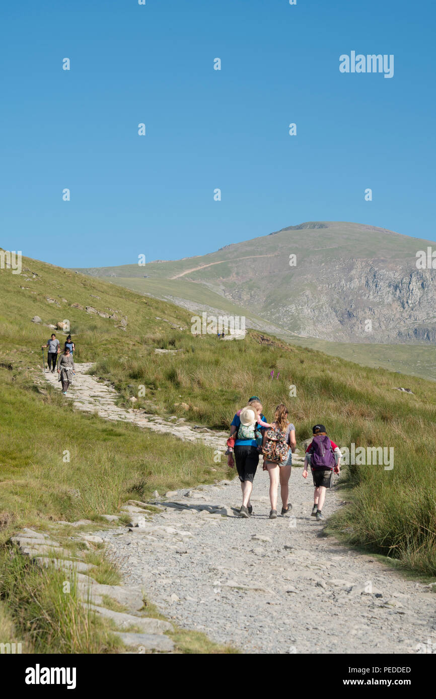 Wanderer auf dem Llanberis Pfad auf dem Weg zum Gipfel des Snowdon. Stockfoto