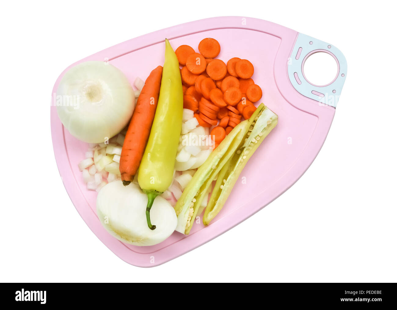 Mehrere Arten von gehacktes Gemüse auf weißem Hintergrund Stockfoto
