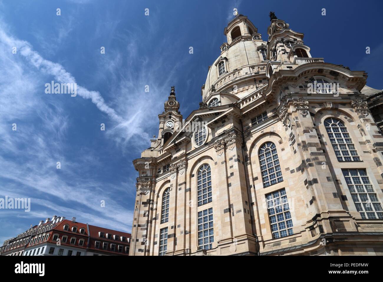 Dresden City in Deutschland (Sachsen). Frauenkirche lutherischen Kirche. Barocke Wahrzeichen nach dem Zweiten Weltkrieg wieder aufgebaut 2 Zerstörung. Stockfoto