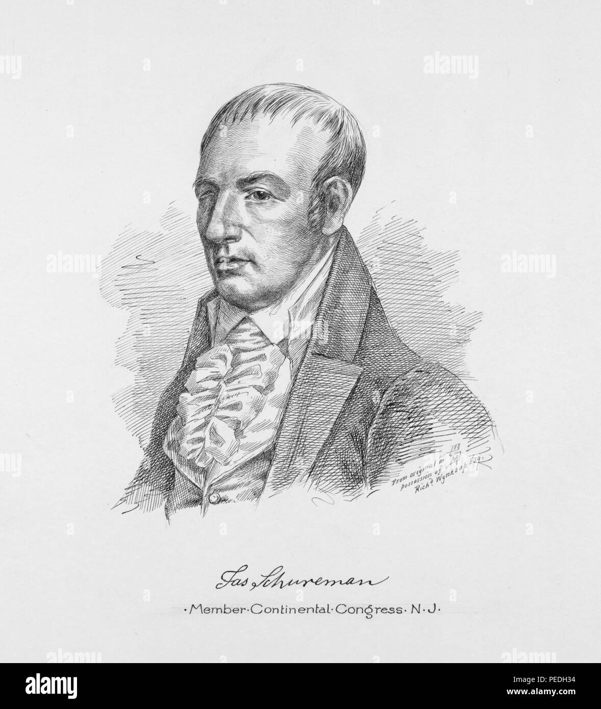 Schwarze und weiße Gravur, zeigt ein Porträt Porträt, bei zwei Drittel, von New Jersey Continental Congress Mitglied, US-Senator und Haus Mitglied, James Schureman, tragen ein hohes collared Mantel, eine gekräuselte Ascot, und einen ernsten Ausdruck auf seinem Gesicht, und ein Auge teilweise geschlossen, mit Text an der rechten Schulter, die Kopie folgt ein Original im Besitz von Richard Wynkoop Esq, "und die Unterschrift des Subjekts unter dem Bild, 1849. Von der New York Public Library. () Stockfoto