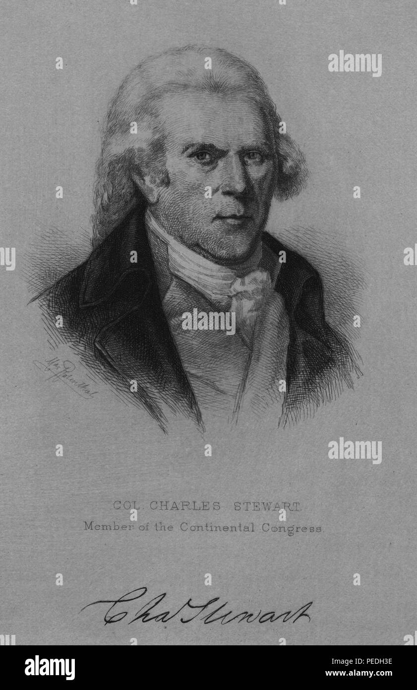 Schwarze und weiße Gravur mit einem Kopfschuss Porträt, in drei-viertel, der minuteman und Kontinentalen Kongress Mitglied Oberst Charles Stewart, tragen ein hohes collared Fell, ein Ascot Krawatte, und einem ernsten Ausdruck auf seinem Gesicht, mit Unterschriften zu seiner linken Schulter und unter dem Bild, 1849. Von der New York Public Library. () Stockfoto