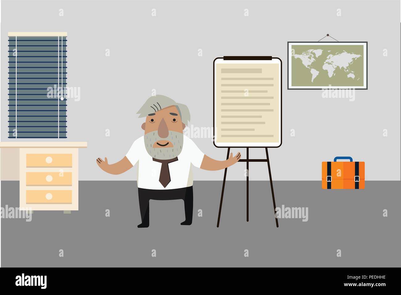 Professor - Historiker im Zimmer. Flipchart. Animierte Charakter.. Vector Illustration. Cartoon Charakter. Stock Vektor