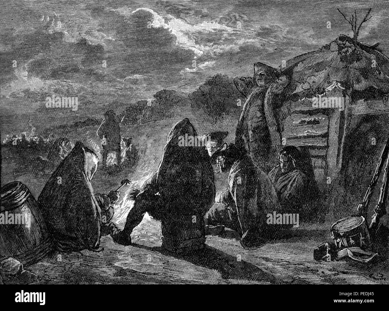 Washington Valley Forge am Lagerfeuer; Illustration von cassell Geschichte Englands, King's Edition Teil 34 Stockfoto