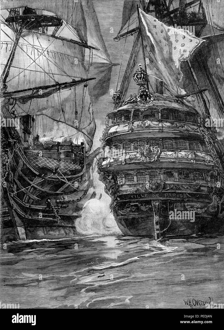 Der Angriff auf die französische Kriegsschiff Ville de Paris, Schlacht von Saintes, April 1782; Abbildung von cassell Geschichte Englands, King's Edition Teil 34 Stockfoto