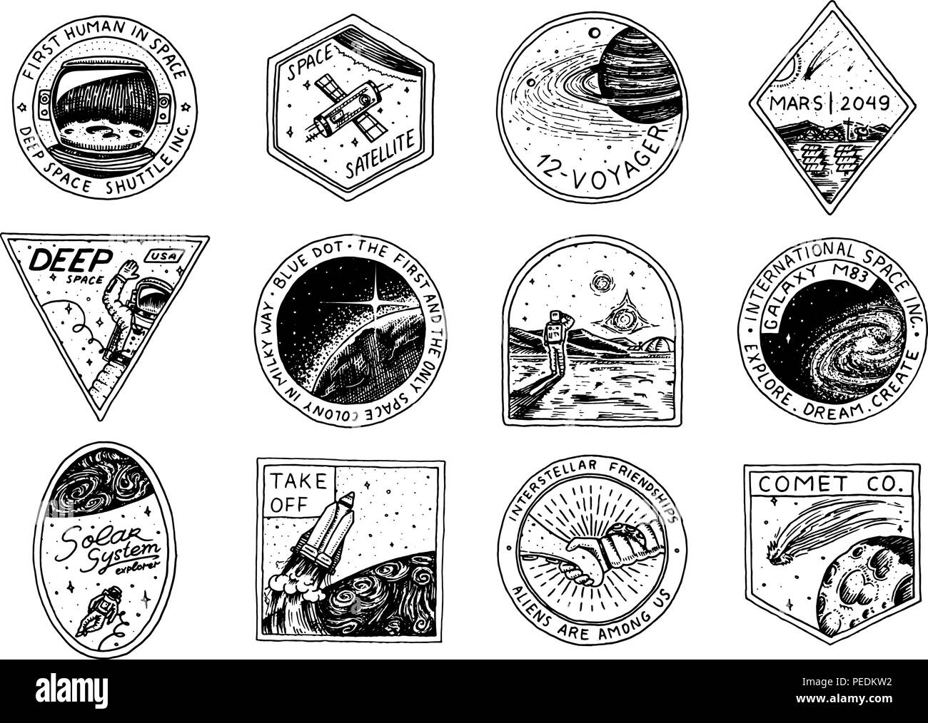 Vintage Raum Logo. Erforschung der astronomischen Galaxy. Mission Astronauten oder spaceman. kosmonaut Abenteuer. Planeten und Satelliten Abzeichen emblem Aufnäher Aufkleber. graviert Hand gezeichnete Skizze. Stock Vektor