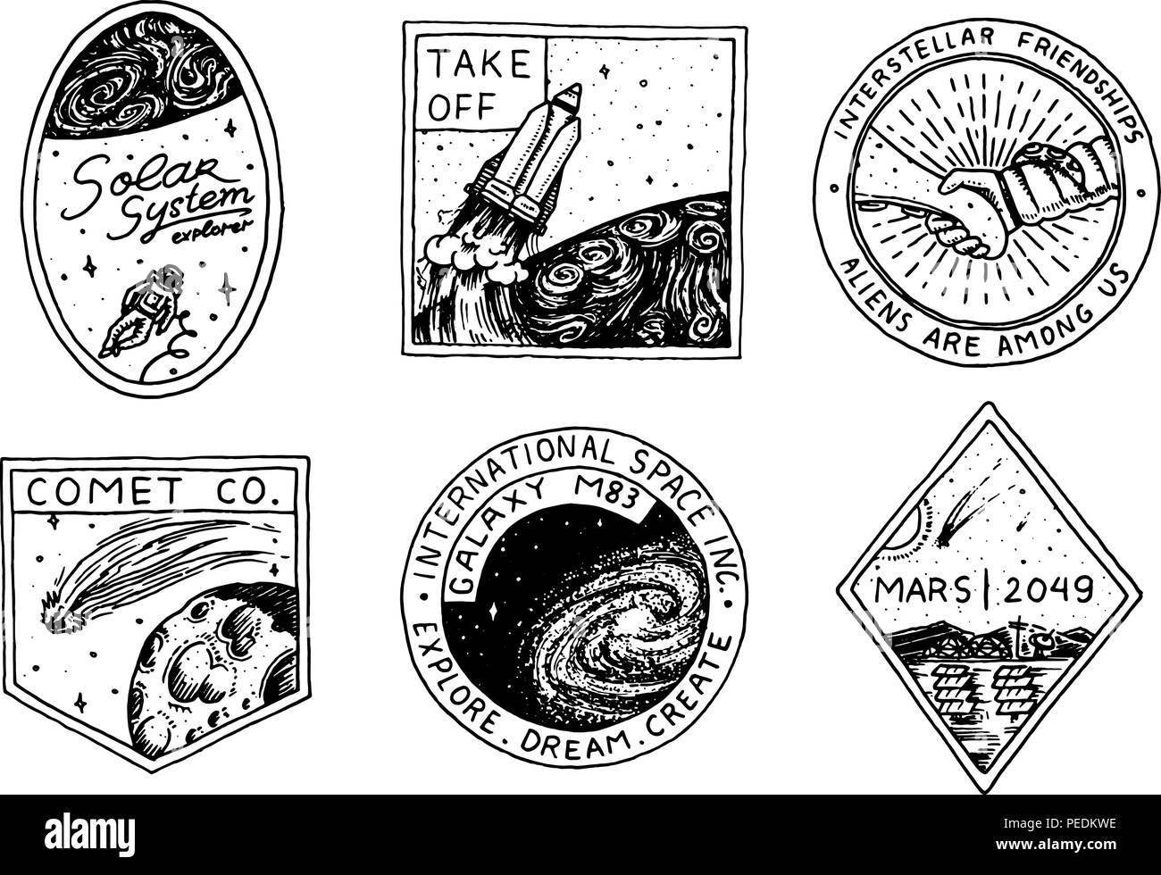 Vintage Raum Logo. Erforschung der astronomischen Galaxy. Mission Astronauten oder spaceman. kosmonaut Abenteuer. Planeten und Satelliten Abzeichen emblem Aufnäher Aufkleber. graviert Hand gezeichnete Skizze. Stock Vektor