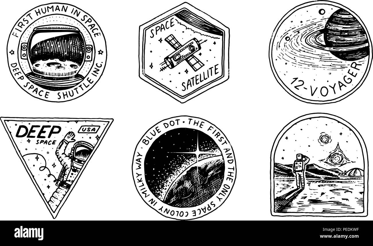 Vintage Raum Logo. Erforschung der astronomischen Galaxy. Mission Astronauten oder spaceman. kosmonaut Abenteuer. Planeten und Satelliten Abzeichen emblem Aufnäher Aufkleber. graviert Hand gezeichnete Skizze. Stock Vektor