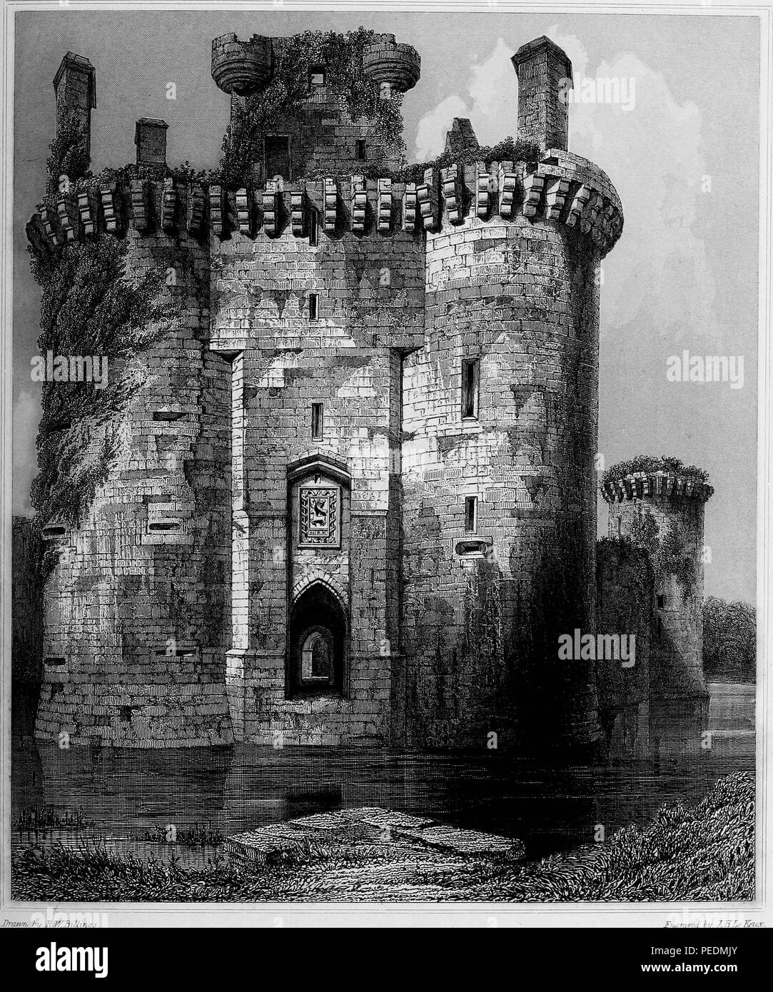 Schwarze und weiße Gravur, Darstellung der Graben, Eingang Tor und Türmen flankiert die verfallende Fassade des 13. Jahrhunderts' Caerlaverock Castle, ein Wasserschloss, dreieckige Schloss befindet sich an der südlichen Küste von Schottland, von RW Billings ausgearbeitet und von JH Le Keux 1845 eingraviert. Mit freundlicher Genehmigung Internet Archive. () Stockfoto Schwarze und weiße Gravur, Darstellung der Graben, Eingang Tor und Türmen flankiert die verfallende Fassade des 13. Jahrhunderts' Caerlaverock Castle, ein Wasserschloss, dreieckige Schloss befindet sich an der südlichen Küste von Schottland, von RW Billings ausgearbeitet und von JH Le Keux 1845 eingraviert. Mit freundlicher Genehmigung Internet Archive. () Stockfoto