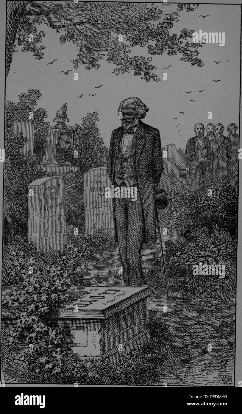 Schwarz-weiß Drucken, eine ältere Frederick Douglass, in Anzug und mit einem Stock und Hut, besuchen das Grab seiner ehemaligen Sklavenhalter, Maryland Gouverneur Oberst Edward Lloyd V, in der Wahrheit veröffentlicht, reform Führer, Schriftsteller und Staatsmann Frederick Douglass' Memoir 'Leben und Zeiten von Frederick Douglass', 1882. Mit freundlicher Genehmigung Internet Archive. () Stockfoto